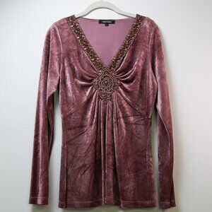 Vintage Embroidered and Beaded Velour Velvet Plum Deep V Tunic Top by Karen Kane